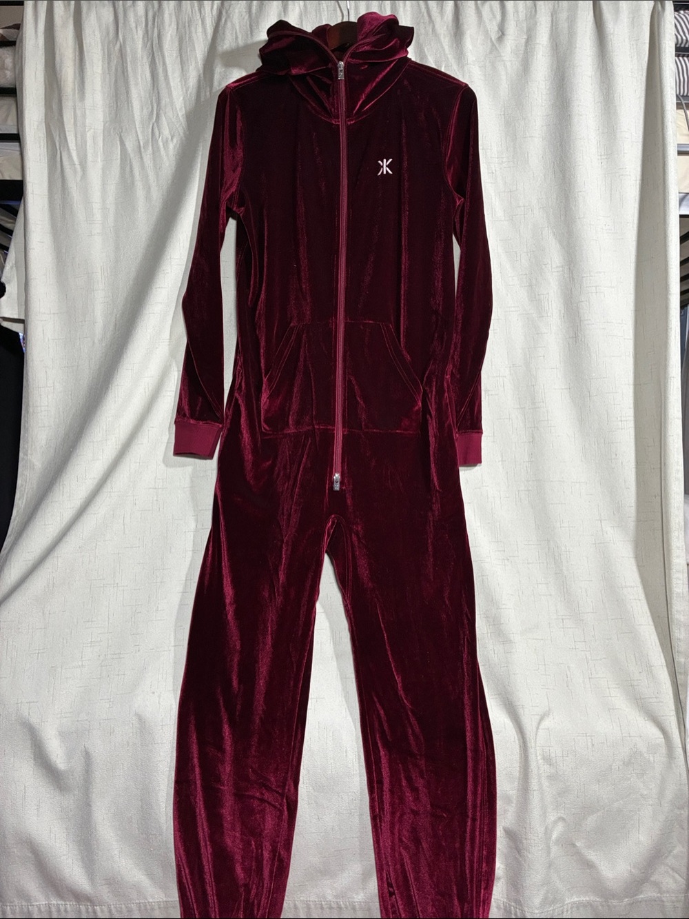 Onepiece Burgundy Velvet Hooded Kids Onesie Pajamas